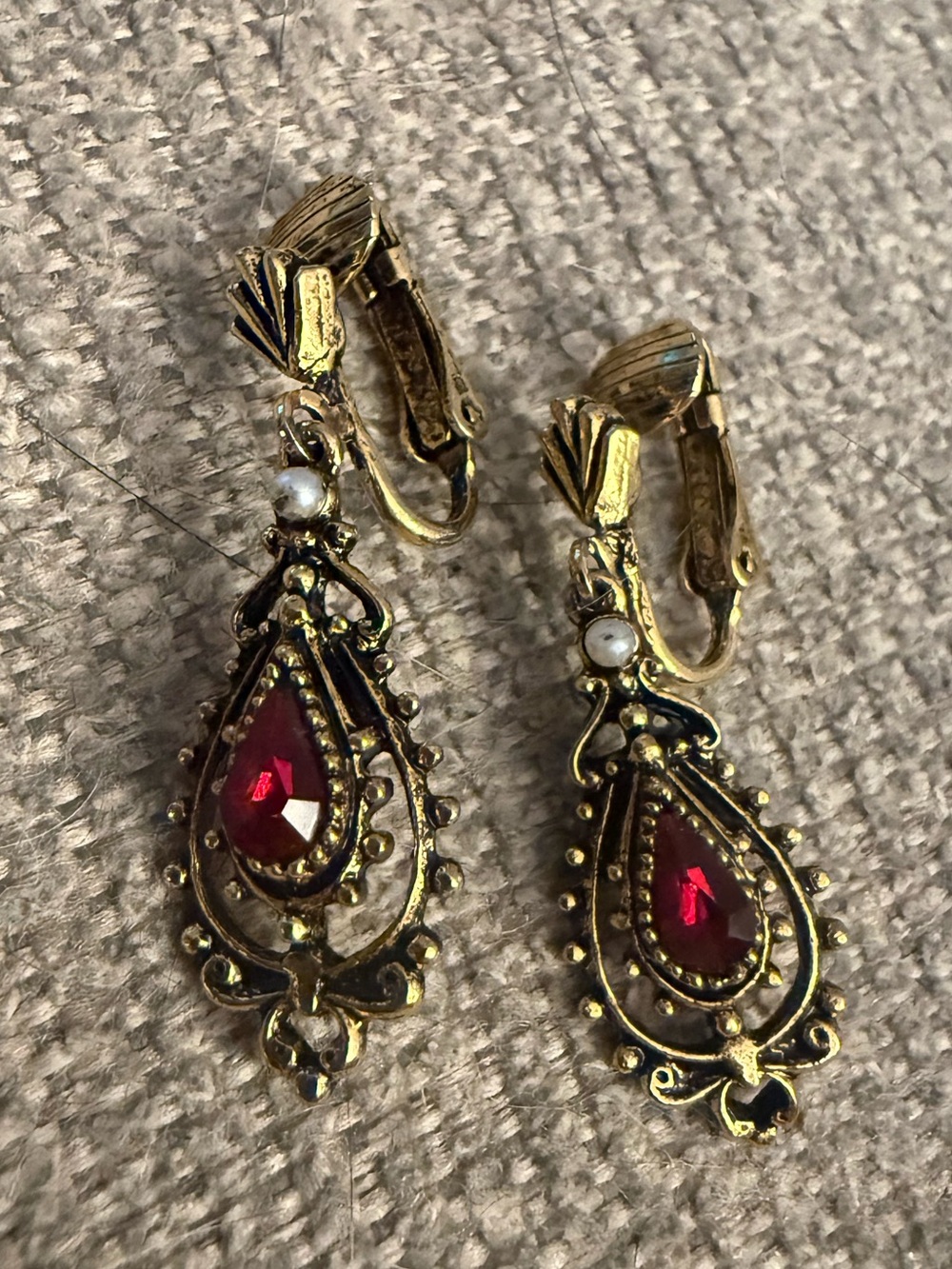 Vintage-Inspired Gold Drop Clasp Earrings with Red Crystal